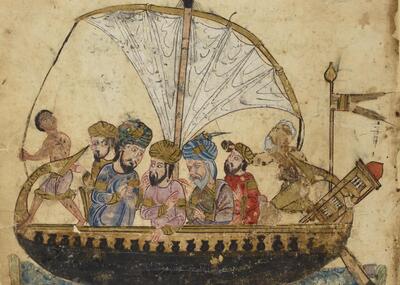 Illustration of six bearded, turbaned men and a shirtless boy on a wooden sailboat in fish-filled water, below a line of Arabic script.