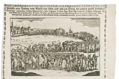 Print with German text on top and large illustration of procession of people leaving a city carrying bundles, with some horses and wagons. 