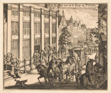 Print of city street with horse-drawn carriages and building facade.