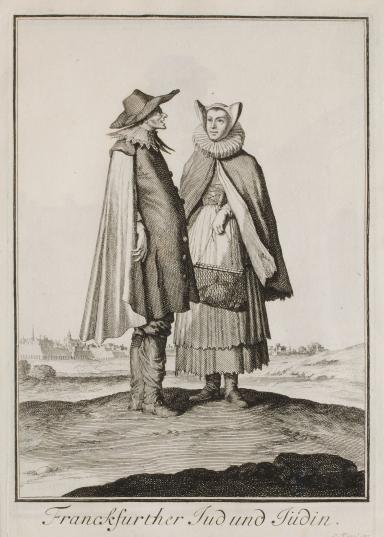 Print of man in cloak, hat, lace collar, and high boots, and woman dressed in cloak, winged bonnet, ruff collar, full skirt, and bodice, holding a large purse, with city landscape in the background.