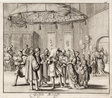 Print engraving of indoor scene with people standing around couple under large canopy with musicians in background.