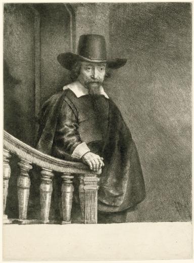 Portrait painting of a bearded man in collar and wearing hat facing viewer standing on a staircase with his right arm resting on a balustrade.