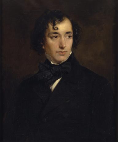 Portrait painting of young man looking to his left. 