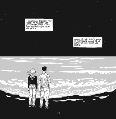 Comic in two horizontal panels, with a dark sky and stars with English text in the top panel, and two figures staring out over   a flat landscape on the bottom panel. 