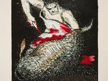 Illustration of man in a bloody apron holding a bloody knife as he begins to slaughter a large animal.