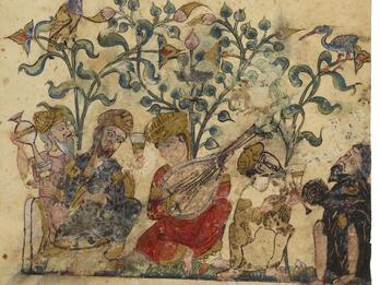 Illustration of five people in colorful robes and gold turbans sitting under trees, playing instruments and holding drinks, with Arabic lettering above.