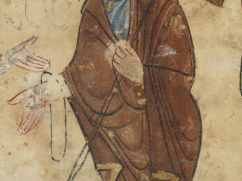 Illustration of a bearded man in a robe holding a staff over his shoulder with a bag hanging from it, reaching his hand out toward another hand extended from the left edge of the image.
