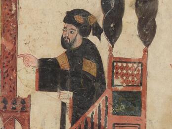 Illustration of a bearded man standing on a decorated pulpit and gesturing, below partly visible Arabic script.