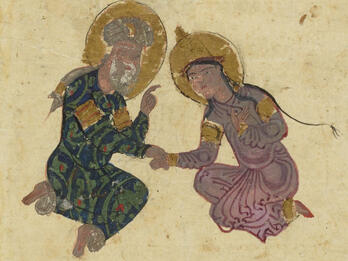 Illustration of two golden-haloed figures in robes, one white-haired and bearded and the other younger, holding hands and gesturing.