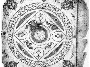 Greyscale image of an illuminated manuscript page with an ornate border, Hebrew micrography, and floral decorations.
