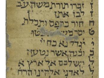Vertical strip of parchment with handwritten Hebrew text, each line labeled with a consecutive letter of the Hebrew alphabet.