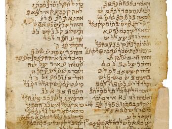 Worn page with two columns of writing in Hebrew script, with vowels and markings above the lettering.