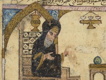 Illustration of a white-bearded, turbaned man on a stepped platform gesturing with his hands, surrounded by ornate objects and decorations, with a partially visible line of Arabic at the top.