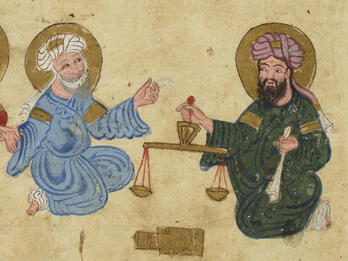 Colorful illustration of two robed, turbaned, golden-haloed men sitting facing each other, one gesturing and the other holding scales and a white paper or cloth, with the hand of a third person visible at the edge.