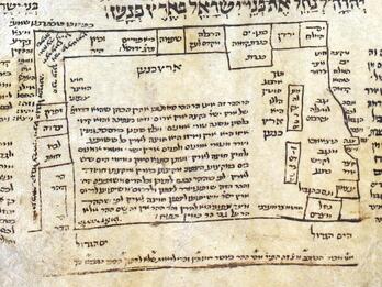 Hand-drawn, boxy map with large Hebrew writing above and smaller, vowelless Hebrew writing within and around the map.