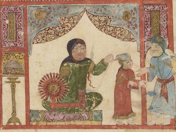 Colorful illustration of a seated woman spinning thread on a spindle, with an adult and a child standing nearby, all inside a decorated tent.
