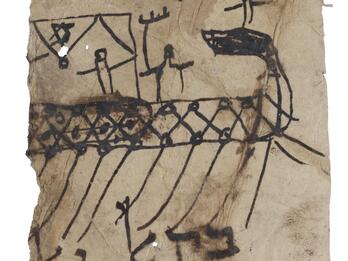 Drawing on a fragment of damaged parchment of a boat with a curved, pointed prow, stick figure people and items aboard, and lines extending from the bottom, with vowelless Hebrew lettering above and below.