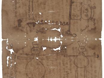 Two facing pages containing simple humanoid drawings, one large and two smaller orthogonal to it, each with arms extended and various non-human details, decorations, and protrusions, and Hebrew scattered throughout.