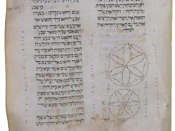 Manuscript page with Hebrew script in two columns and two micrographic floral circles to the lower right, with small, vowelless notes between the columns and around the edges.