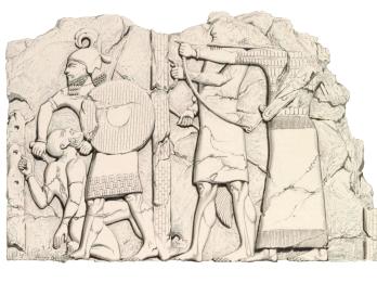 Drawing of soldier holding shield and wearing helmet killing naked man with two archers standing to the side.