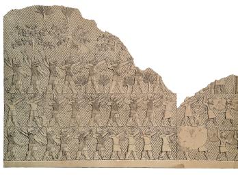 Relief of rows of archers and soldiers with shields and spears. 
