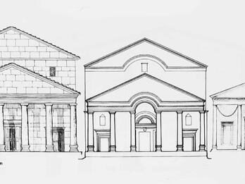 Architectural drawing shows three classical buildings with front facades featuring columns and triangular pediments, displayed side by side with a measurement scale at the bottom left.