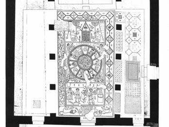 Black-and-white drawing of a floor with a mosaic in the center featuring human figures, zodiacal symbols, ritual objects, and animals.