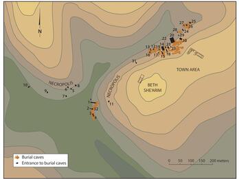 Topographic map of Beth Shearim showing burial caves and their entrances, with labeled locations in the necropolis and town area. Contour lines indicate elevation. Scale bar and legend included.