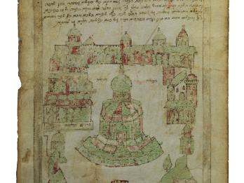 Manuscript page with Hebrew text above illustration of city walls with central domed building.