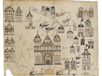 Manuscript page with drawings of buildings and boats spread across the page with Hebrew labels. 
