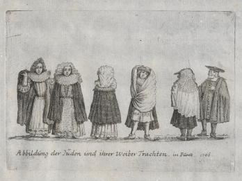 Drawing of six people wearing various clothing styles, including ruffs, dresses, and cloaks.