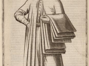 Full body drawing of man in turban with textiles folded over left arm and right hand in pocket.