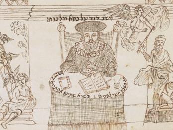 Drawing of bearded man wearing collar and hat seated at table with books, framed by two columns with images of angels, and Hebrew text above his head.