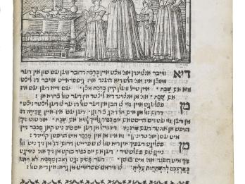 Printed page with Yiddish text below illustration of women and children lighting a hanging lamp next to dining table. 
