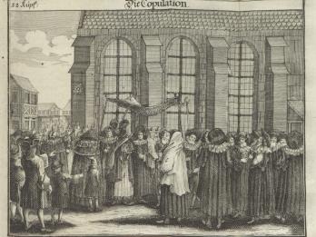 Print engraving of crowd of people outside of building gathered around couple under wedding canopy.