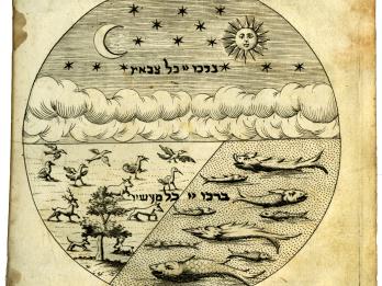 Page with circular drawing divided into three segments bearing Hebrew labels, the top segment depicting the sun, moon, stars, and clouds, the bottom right segment depicting fish, and the bottom left segment depicting other animals.