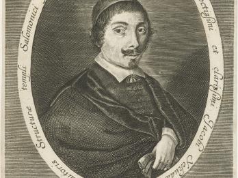Print of man in moustache and skullcap facing viewer and holding cloth in left hand, encircled by Latin text. Beneath his portrait is an unraveled scroll with illustration of figures and large buildings.