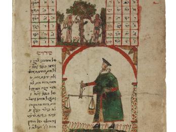 Manuscript page with a grid of Hebrew letters and words set within two domed columns with flags, with image of naked man and woman next to tree between the columns at the top of the page, and man holding scales in middle of page. 