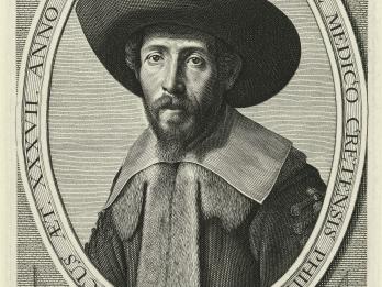 Print portrait of man wearing hat, framed by Latin text.