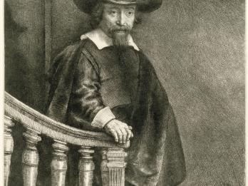 Portrait painting of a bearded man in collar and wearing hat facing viewer standing on a staircase with his right arm resting on a balustrade.