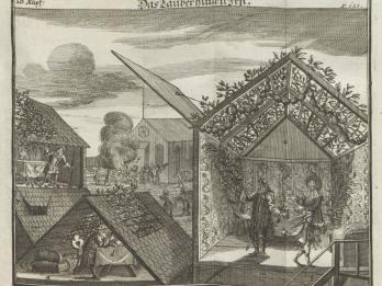 Print of several tabernacles with people inside in the foreground and a bonfire in the background. 