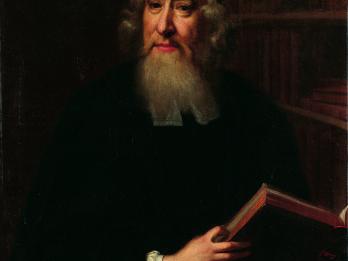 Portrait painting of man in beard and hat holding open book and looking at viewer.