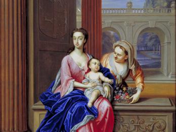 Painting of woman holding baby on bench next to columned doorway as another woman leans over her. 