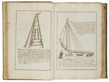 Facing-page text with drawing of ladder on left side and Dutch writing underneath, and drawing of ship part on right side with Dutch text above and below.
