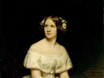 Portrait painting of woman wearing an off-the-shoulder dress and flowers in her hair, and her hands folded on lap. 