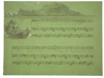 Sheet music featuring drawing of mountains and boat above staff.