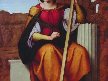 Painting of seated female figure, peering downward and away from viewer, wearing halo and cape and holding large cross.