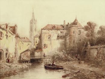 Ink and watercolor on paper depicting waterway with man in boat in foreground and city buildings, including bell tower, in background.