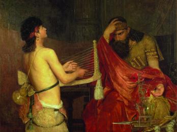 Painting depicting a seated man in robes next to shirtless man playing harp.