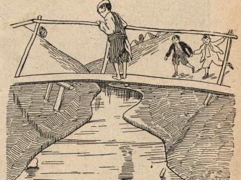 Drawing of person standing on bridge over river, and two people running on riverbank toward bridge.